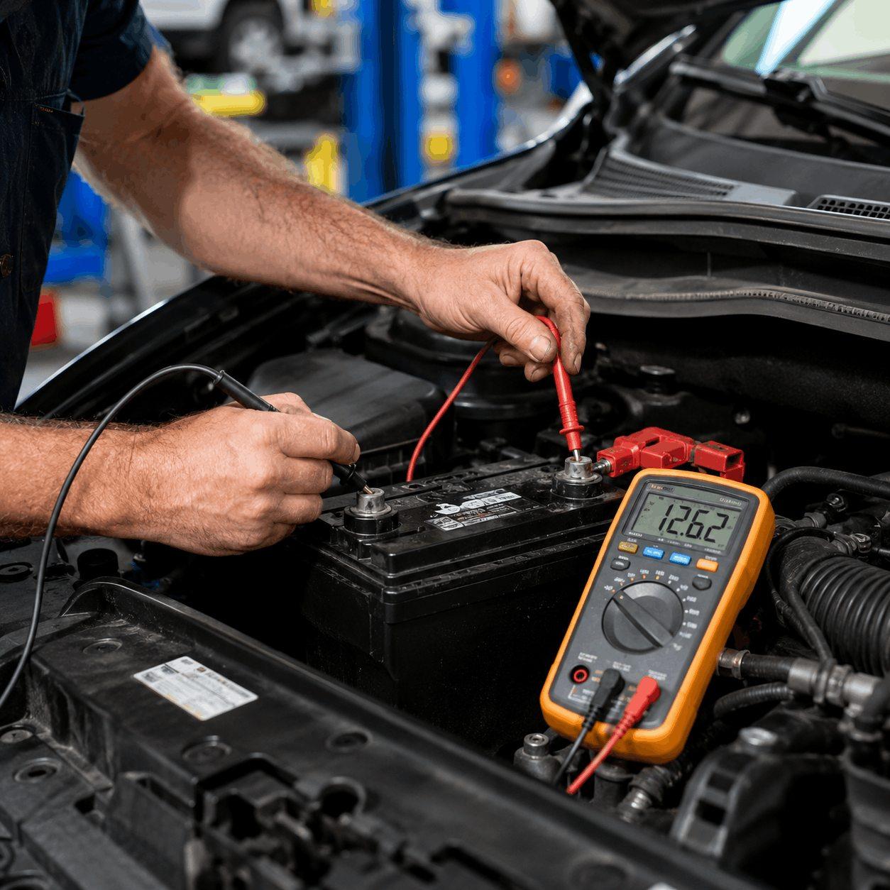 Technician checking a car battery at the vehicle