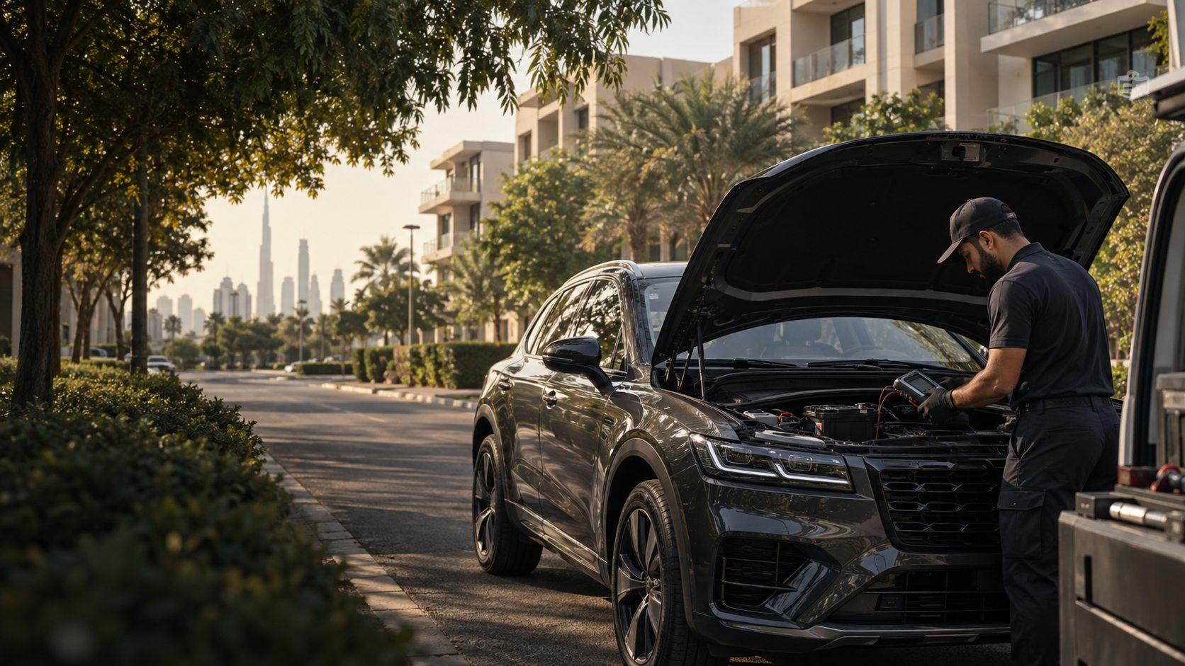 Technician testing a car battery on a landscaped Dubai Hills street